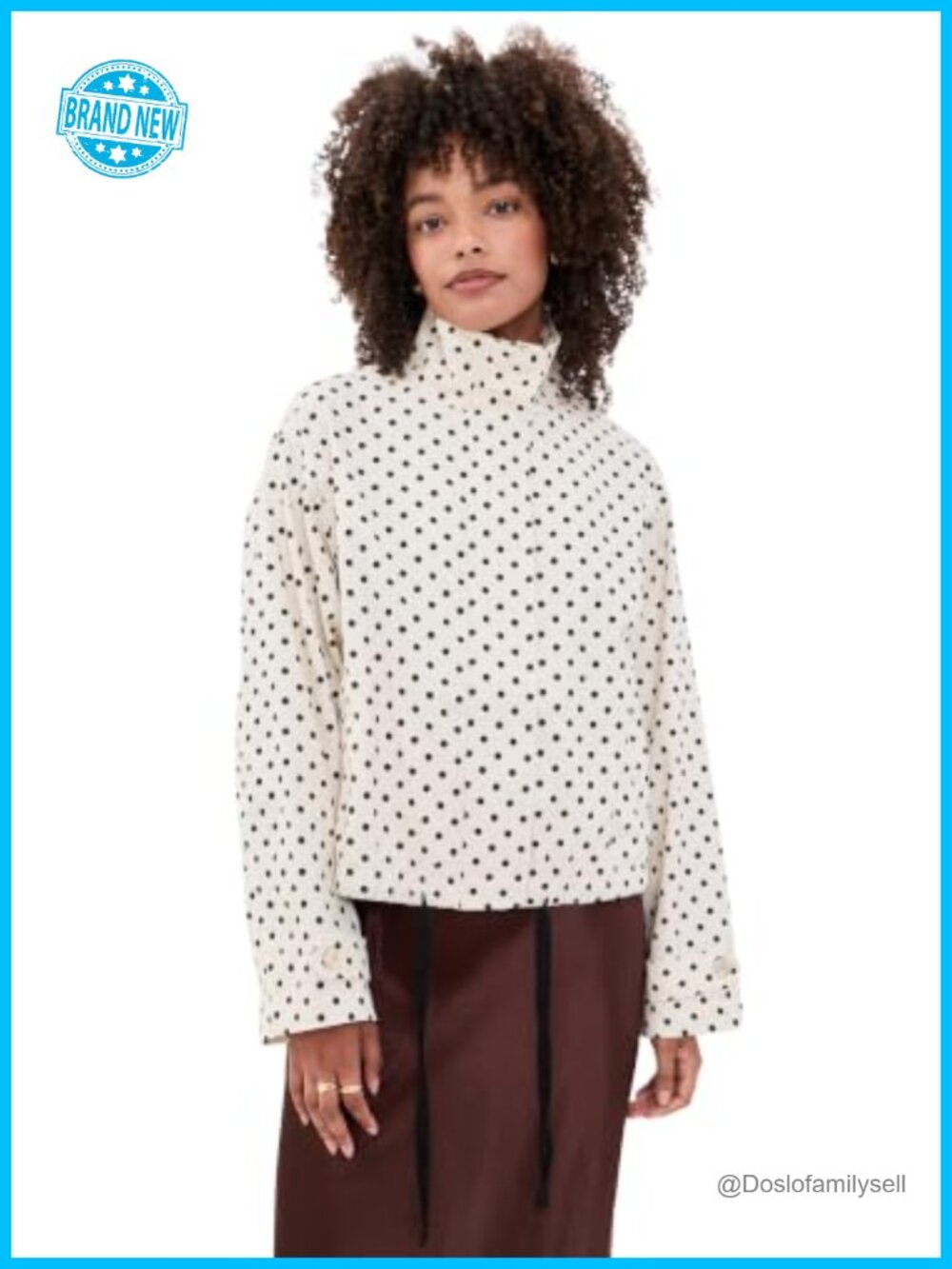 Mid-Weight Stretch Twill Polka Dot Funnel Neck Casual Jacket